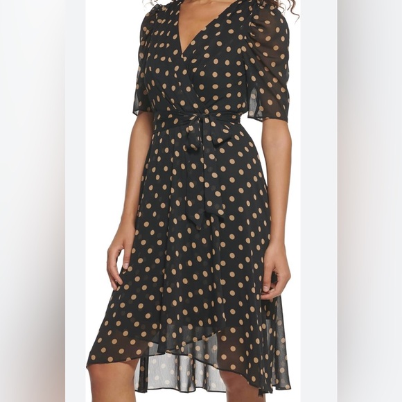Tacera Dresses & Skirts - Tacera Black Midi Dress with Tan Dots